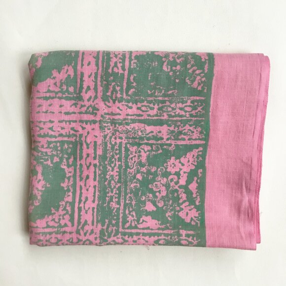 Vtg Douglas Ram Samuj Pink & Green Abstract Hand Printed Textile Yardage Fabric - Picture 1 of 14